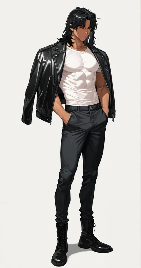 1 boy, fit, handsome, wavy black hair, middle part hair, wolfcut, medium length hair, middle part hair, defined red eyes, cold eyes, tan, sexy body, muscular body, defined muscle, white shirt, black leather jacket on shoulders, form fitting black jeans pa...