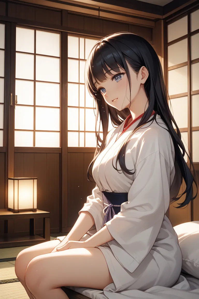 A Japanese woman with long black hair clutching a futon