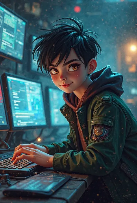 Cute hacker with musk and computer