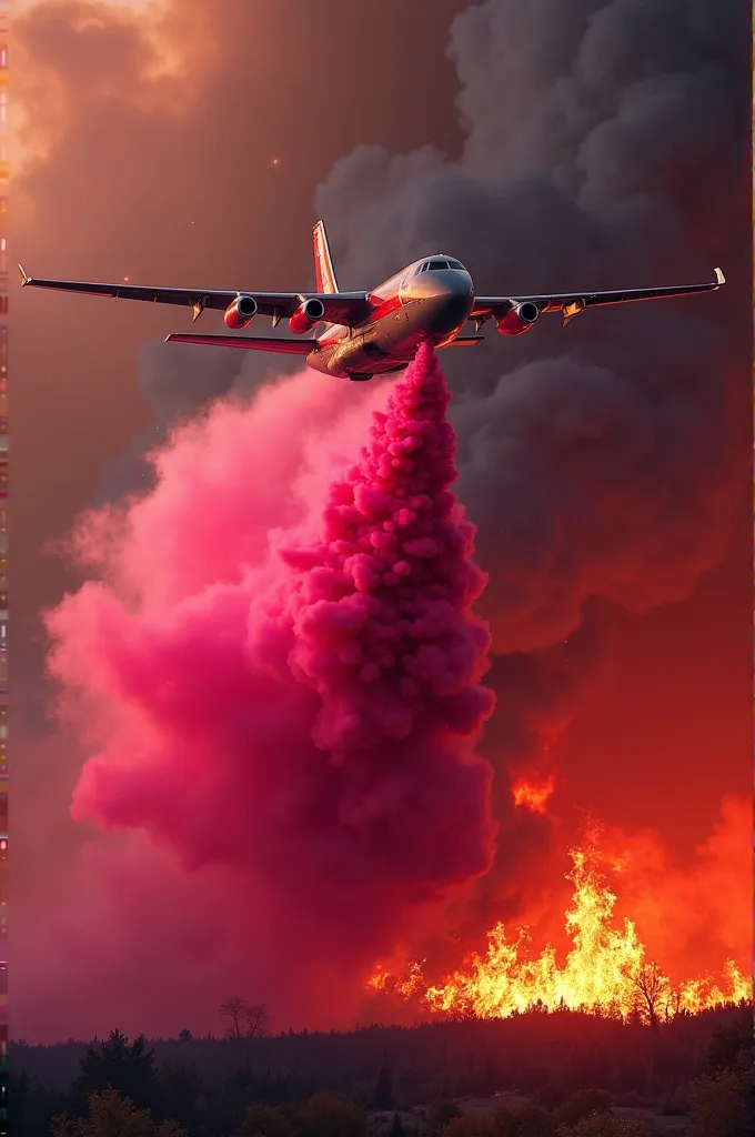 Create a bold and clean YouTube thumbnail featuring an aircraft releasing bright pink Phos-Chek fire retardant over a raging wildfire. Use strong contrast between the pink spray and dark smoke, with a clear and readable title like ‘Pink Firefighter: Phos-C...