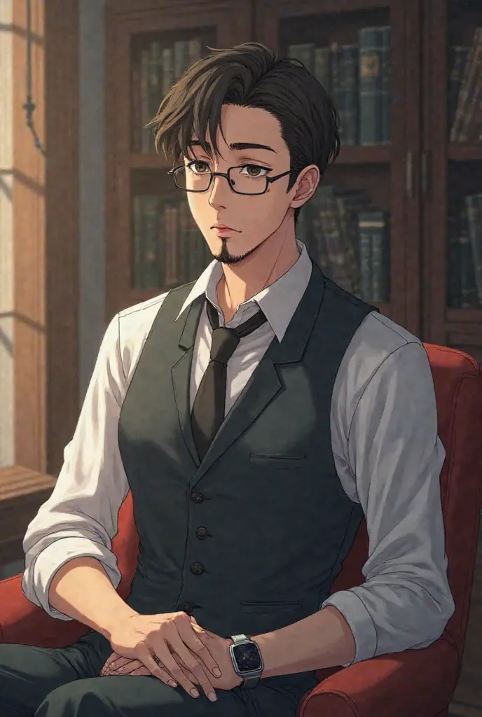 I want an anime character who wears glasses and is 29 years old and has a little beard 