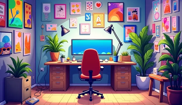 a sonadrawzstuffyt style video editing desk in a studio full of artworks , with a chair facing the camera & centered in the image, 