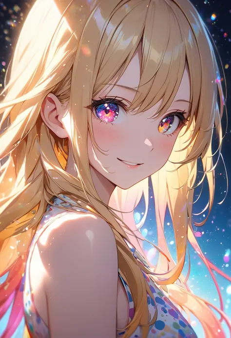 {{ masterpiece}}，    top quality ，      Hi-Res CG Unity 8K Wallpaper ，Sweet girl，  upper body ，   Film script  ，      lens flare glow      ，        beautiful detailed eyes   ，髪のcolor，color鮮やかな光，Microparticles，（color：1.5），（髪のcolor:1.5),      perfect body ， ...