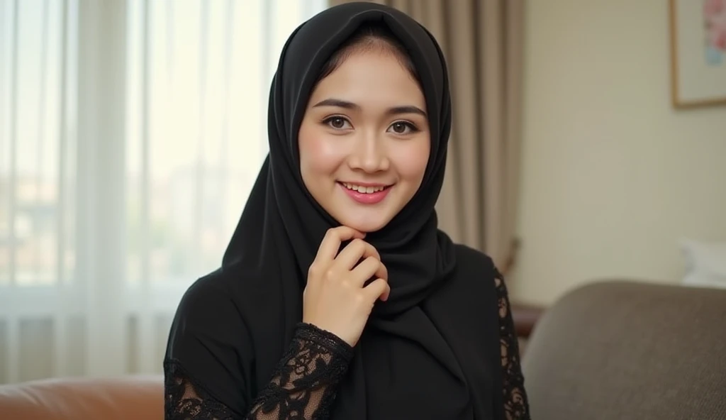 A fair-skinned, beautiful Chinese girl wearing a black long hijab and a long Korean knit dress, sitting in the living room with a happy pose. Her face is beautiful with a charming smile, and her delicate fingers feature red nails. The room is bright with m...