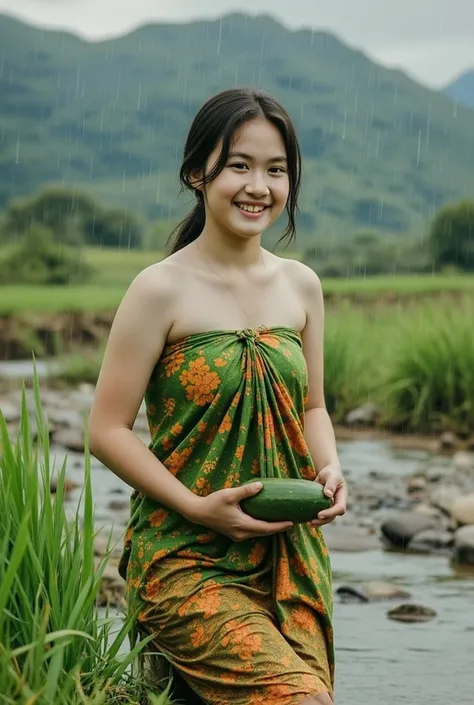 beautiful village girl,medium breast,playing on the river during rain,hilding cucumber,happy smile 