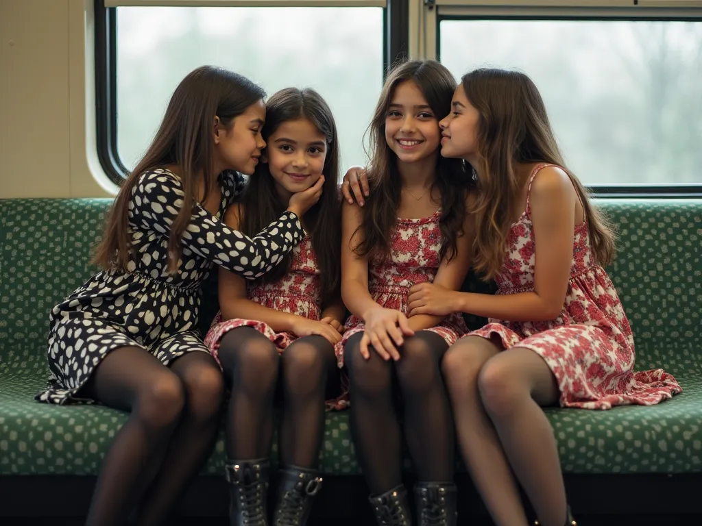 four arabic 6years girls kisses sitting on train seat, View Photographer, whole body, (Smiling at the photographer), High boots, Clothes that show the open chest、Thin and long elbows、(wearing a national mini dress dark pantyhose), (Plump breast:1.3), (From...