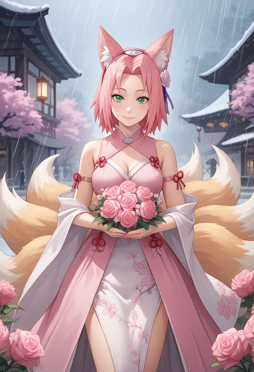  Nine tails of a snow-white fox  (1.0), Milky foxtail  (1.0), Primer plano de zorro de nine tails, nine tails, nine tails,  anime girl with pink hair and pink dress with flowers in her hair, very Beautiful anime fox girl, Beautiful anime fox girl, beautifu...