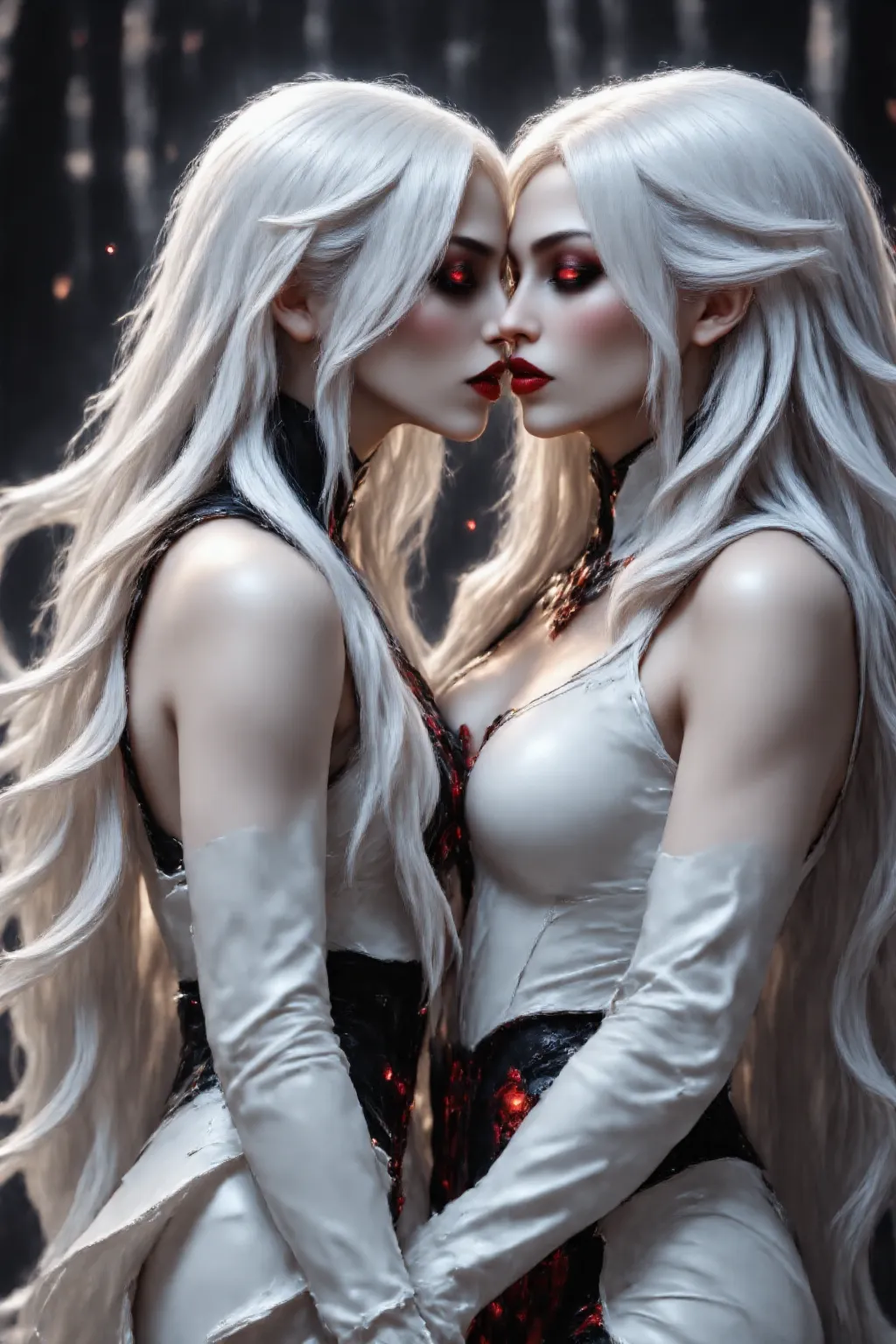 4K Hyper réaliste In a mystical, moonlit forest, two powerful sorceresses share a deep, passionate kiss, their magic intertwining in the air around them. One has long, flowing pearl-white hair, shimmering like silver under the night sky, while the other ha...