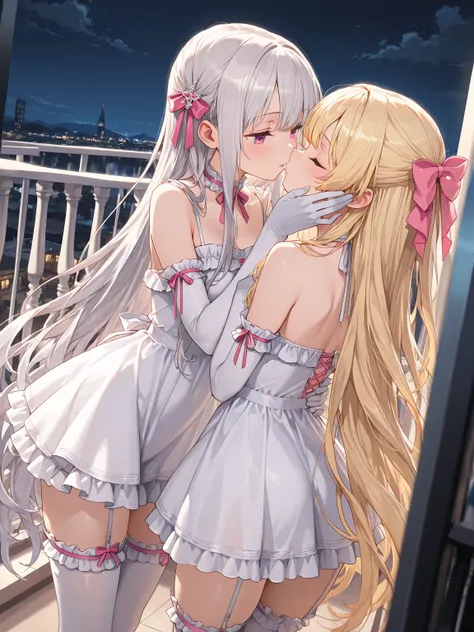 (masterpiece, best quality, extremely detailed), 
2girls, blonde hair, very long hair, pink eyes, dress, frilled dress, white dress, short dress, garter straps, elbow gloves, frilled thighhighs, pink ribbon, hair bow, hair ornament, closed eyes, hand on an...