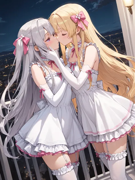 (masterpiece, best quality, extremely detailed), 
2girls, blonde hair, very long hair, pink eyes, dress, frilled dress, white dress, short dress, garter straps, elbow gloves, frilled thighhighs, pink ribbon, hair bow, hair ornament, closed eyes, hand on an...