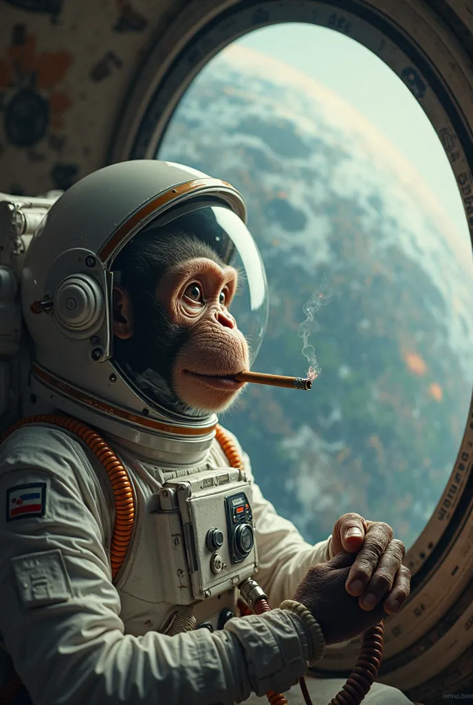 je veux une image d’un singe dans une combinaison d’astronaute, on doit voir la tête du singe et il est à coté d’une vitre qui montre une planète derrière. Le singe fume une cigarette 