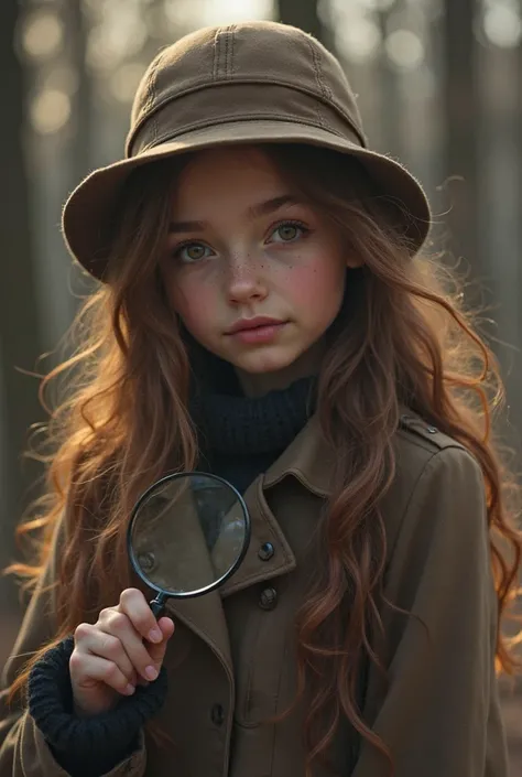 Generate me a picture of a young 19 year old polka girl with long brown hair, must be beautiful, has brown eyes and a delicate complexion, let her be in a detective outfit, must be a GOOD DETECTIVE, NAJLEPSZYM JAKI JEST, with a magnifying glass in her hand...