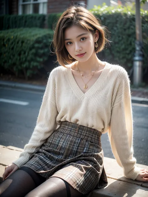 top quality, ultra high resolution, realisitic, Beautuful Woman, Beautiful detail eyes and skin, smile, Light brown short-cut hair, She is Wearing (small earrings, tiny necklace, High Waist Plaid Wool Skirt, Pantyhose), posing for a photo, gorgeous model, ...