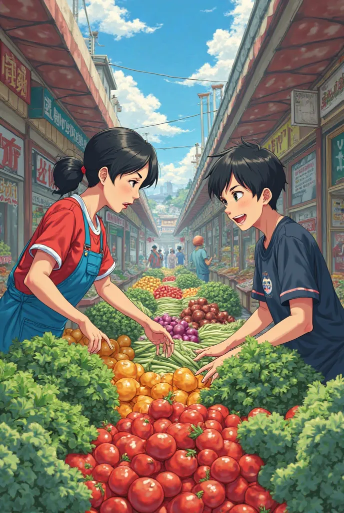 Man versus woman who is organizing vegetables in the anime market