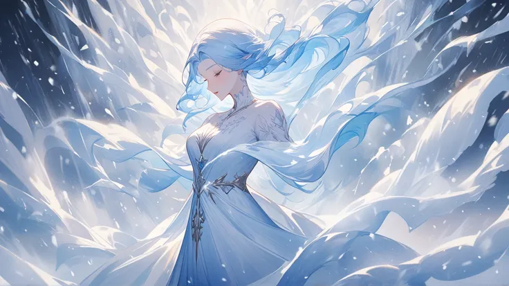 {{{masterpiece}}}, {{{best quality}}}, {{ultra-detailed}}, {illustration},２d、woman、light blue hair、Snow Woman、It's causing a blizzard 