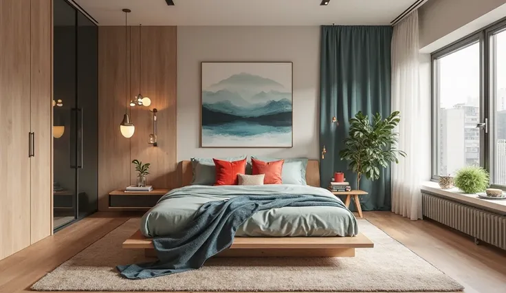 Design the Streamlined Minimalist loft uses bedroom to create a sense of spaciousness in a tiny apartment, blends organic forms, a light, deep Sand Dollar, Teal and Navy Blue and Red color palette to create a tranquil retreat. Make it realistic and actuall...