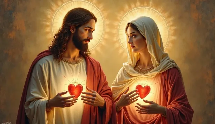 An ethereal vision of Jesus and the Virgin Mary standing side by side, both displaying their Sacred Hearts. Their faces are serene and compassionate, bathed in divine light. The painting is done in a traditional Catholic iconographic style with a warm, gol...