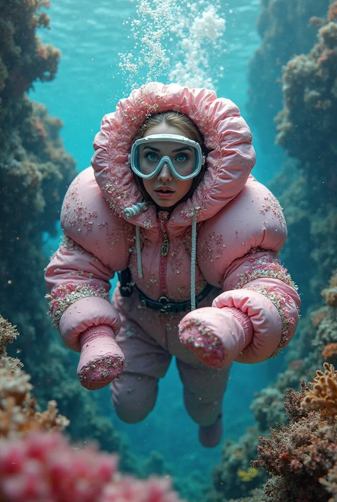 Beautiful woman swims underseas around coral rocks, gasping for air, wearing heavy puffy shiny embroidered pink padded onepiece down suit with very puffy hood and puffy padded mittens, ski goggles