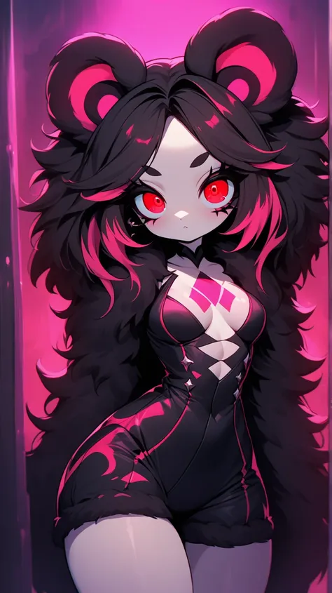 1 girl,  eyelashes, random expression:0.6, zitoida,multicolor hair,big breasts,  black hair,  hair between eyes, red eyes,masterpiece, Highest quality,fur, chemo mimi,Animal Ears,Big tail,Alluring