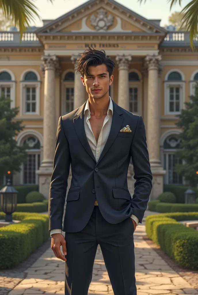 20 year old playboy man, standing in front of a luxurious house, black hair and wearing a casual suit. she was smiling seductively