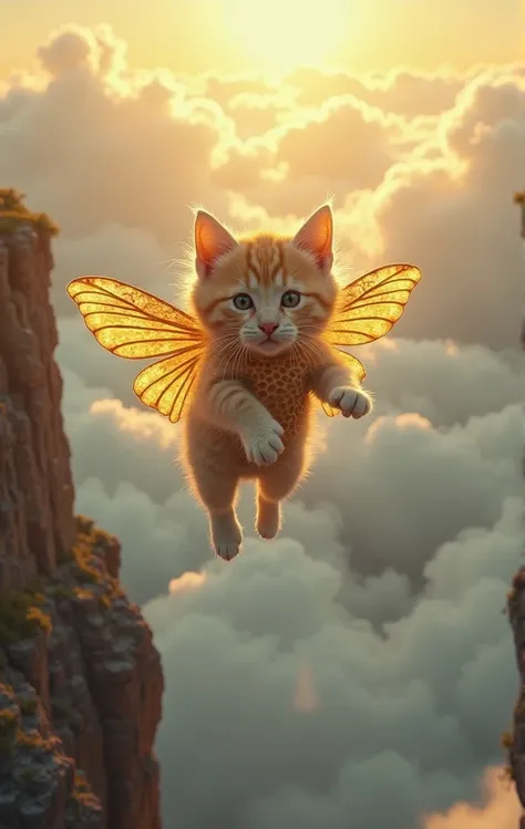 "A surreal fantasy scene of a flying kitten with honeycomb-patterned body and translucent bee wings, soaring above a sea of clouds, dramatic cliff edge in the foreground, golden sunlight breaking through the sky, whimsical and magical atmosphere, cinematic...