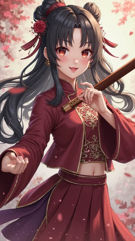 a girl，Wearing a burgundy Chinese short jacket，pleated skirt of the same color，Determined ，Hard-fought，Parted bangs， to show your forehead，the left hand's finger is holding a note，the right hand's mahogany sword pointing forward，Lantern sleeve ，black hair，...