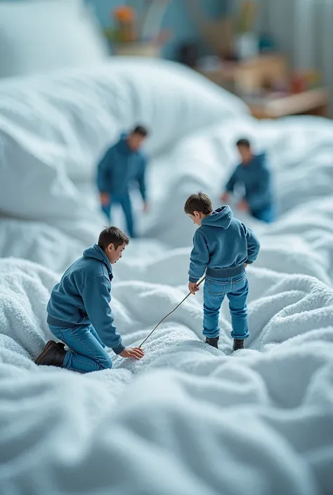 Sure! Here’s a detailed English prompt:

“Miniature people working on a giant bedsheet, depicted in a surreal style. The tiny humans are wearing blue jeans and blue fleece jackets, creating a cohesive color theme. The scene is captured in a macro photograp...