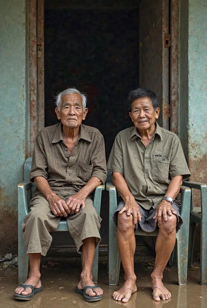 an elderly Malaysian and a poor Chinese couple dressed in tattered clothes，Everyone is sitting in a humble plastic chair in front of their house，Located in a flood-affected area，Wet body、The face is solemn，Flooded to both legs，The furniture has been floode...