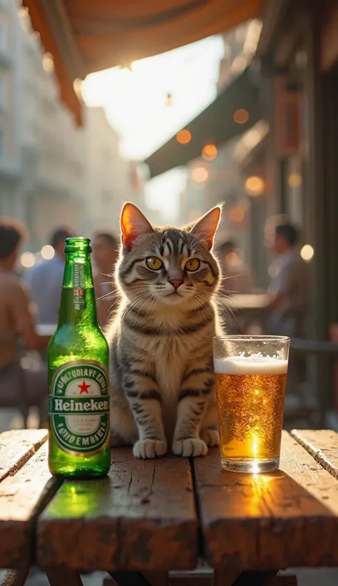 A realistic cat with short fur and expressive eyes sitting at a rustic wooden table in an outdoor bar during the day. Next to him, a bottle of Heineken green beer,  a glass of golden beer with foam on top. The environment has soft natural lighting, with ra...