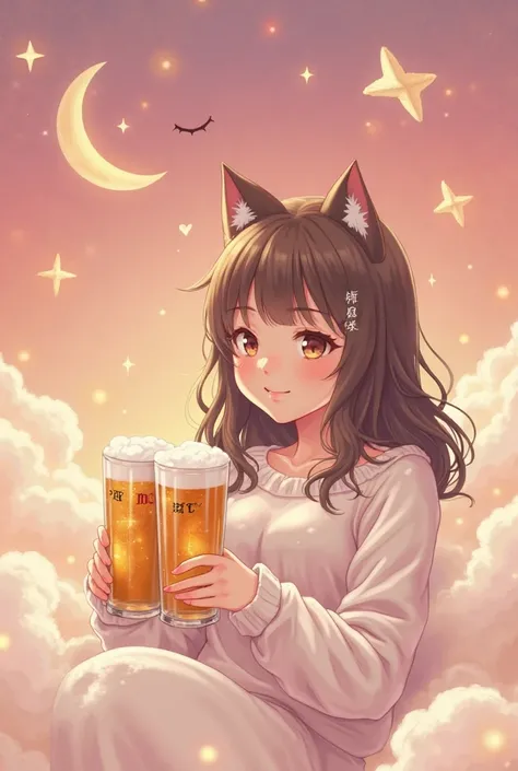 Feels loose and fluffy for adults。 beer in both hands 。 beer glass with the letters MyO。 Gold。 sleepy face。Adult girl with cat ears。is fluffy again。 pink cloud background 。The letter Yun on the moon。 sleeping on clouds 。The stars are twinkling。 pink 。