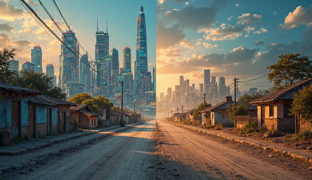 
"A split-screen background, with one side showing a vibrant, modern city with tall buildings, cars, and lights, while the other side shows a quiet, rural village with simple houses and dusty roads. The contrast represents two different lifestyles."