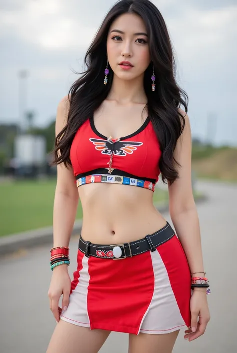  Picture of a beautiful Colombian dark-haired woman with white skin and hair. I'm wearing a racing girl costume. .   She has several earrings and bracelets . .  The background is outdoors  .  full body shot, miniskirt