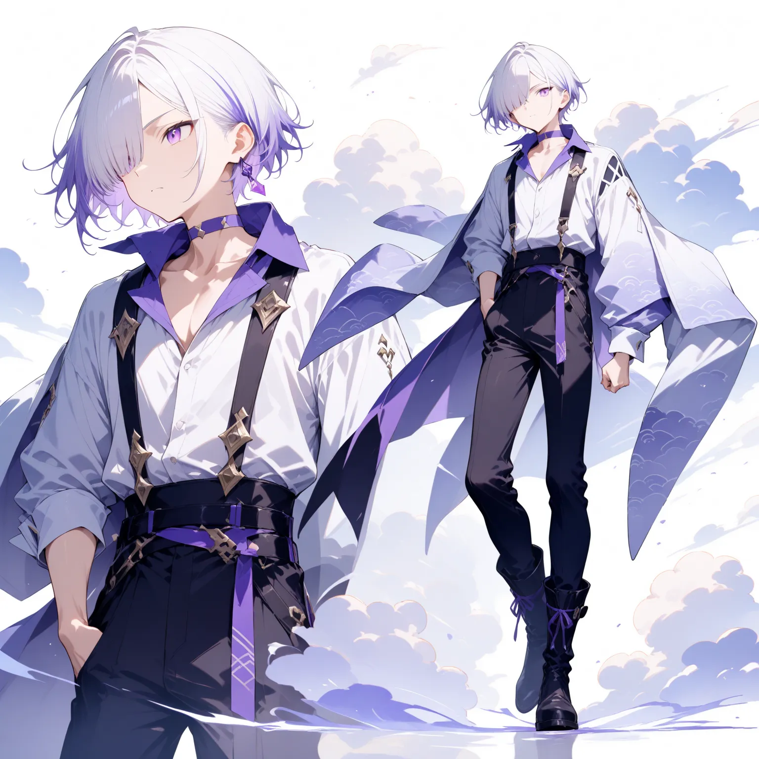 masterpiece, high score, great score, absurdres,
1boy, sranding,male focus, 20-yo, クモイエイテル, full body, toned,twink,white hair, side-parted, lilac highlights, hair over one eye,purple eyes, single purple earring/ (left ear/),avant-garde japanese clothes,cho...