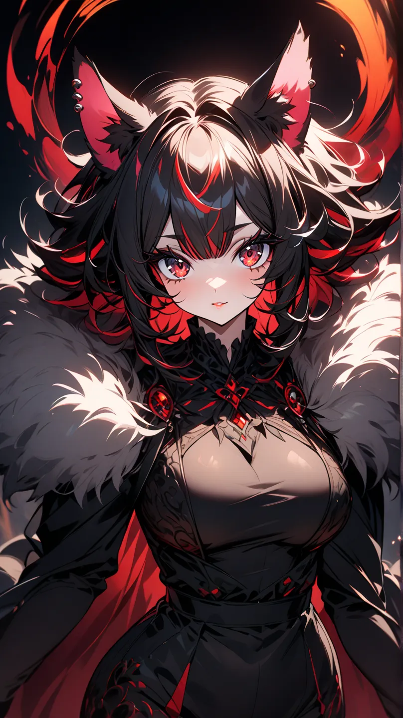 1 girl,  eyelashes, random expression:0.6, zitoida,multicolor hair,big breasts,  black hair,  hair between eyes, red eyes,masterpiece, Highest quality,fur, chemo mimi,Animal Ears,Big tail,Alluring