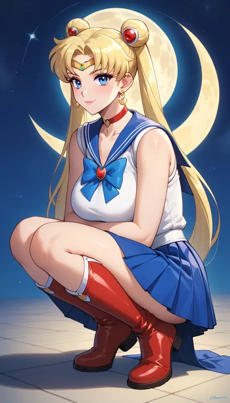 sailor moon ,ultra realista, 8k , high detail, estilo realista,   long blonde hair , blue eyes, squatting, front view, perreo, dos coletas grandes y largas, full body, blue miniskirt, Red boots, , , voluptuous body,  on the Moon, gato grande negro , black ...