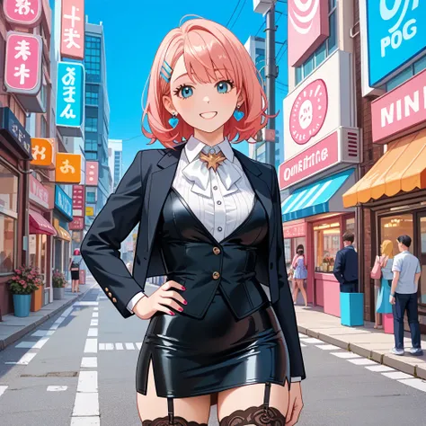 Prompt (English):
((anime)), ((1girl in center)), (((high-quality, accurate human anatomy illustration))), masterpiece,
garter belt,A confident young woman in a stylish black suit with a tight skirt stands at the center of a vibrant urban scene.
She faces ...