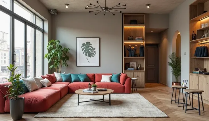 Design the Streamlined Minimalist loft uses fashion shop to create a sense of spaciousness in a tiny apartment, blends organic forms, a light, deep Sand Dollar, Teal and Navy Blue and Red color palette to create a tranquil retreat. Make it realistic and ac...