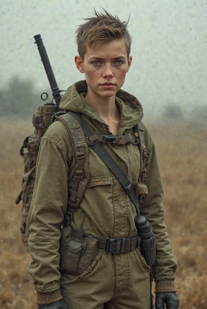 An young female survivor in the wasteland  .  Apocalyptic scenario .  very short hair .  Short, manly haircut . light brown hair with a degraded cut,  Very pale skin with freckles , Round and soft face.  Round and soft chin .  Round and soft cheeks .  Curv...