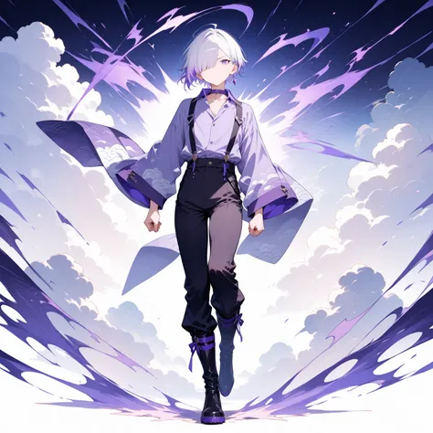 masterpiece, high score, great score, absurdres,
1boy, sranding,male focus, 20-yo, クモイエイテル, full body, toned,twink,white hair, side-parted, lilac highlights, hair over one eye,purple eyes, single purple earring/ (left ear/),avant-garde japanese clothes,cho...