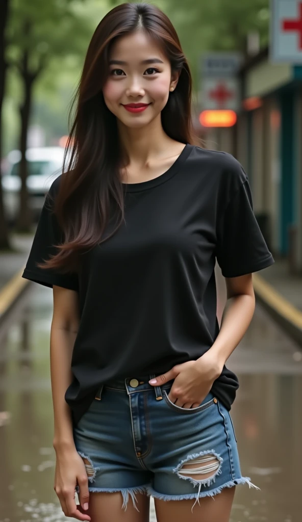 Portrait photo , High quality photo 3D photo 16k,  taken with a high-quality fuji camera ,  wide aperture , Beautiful Asian girl standing  , A little smile, bright, cute,  in a bright dark T-shirt dress, wearing tiny old jeans partially torn,  super model ...