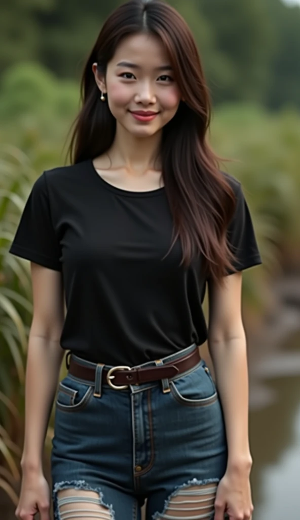 Portrait photo , High quality photo 3D photo 16k,  taken with a high-quality fuji camera ,  wide aperture , Beautiful Asian girl standing  , A little smile, bright, cute,  in a bright dark T-shirt dress, wearing tiny old jeans partially torn,  super model ...