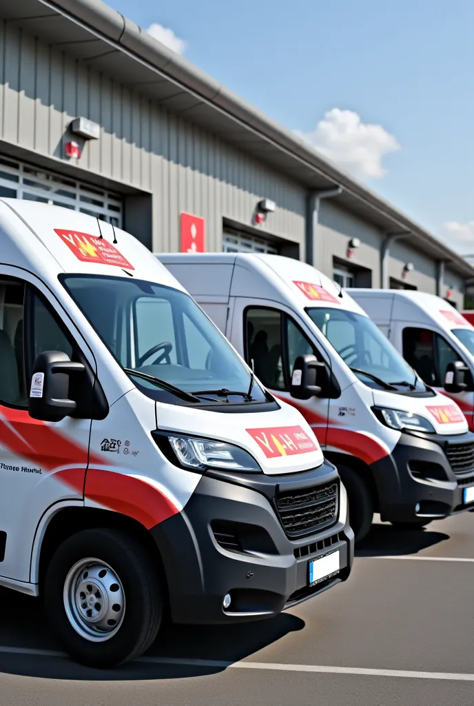 A fleet of modern, branded YHA service vans parked in an organized manner, featuring the YHA logo and graphics that emphasize reliability and mobile workshop services. The vans are clean and well-maintained, equipped with tools and diagnostic equipment vis...