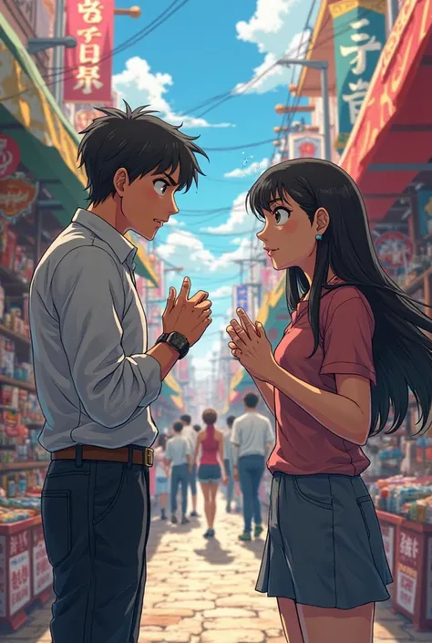 A man standing in an argument with a woman in front of an anime market