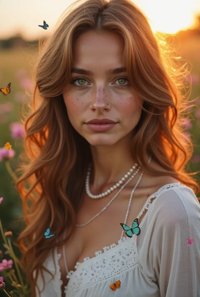 
"Create an image of a 28-year-old woman, with light brown skin and delicate freckles on her nose and cheeks.  She has long and wavy hair ,  of a reddish brown shade ,  that fall smoothly over the shoulders .  Her eyes are deep green , with a curious and e...