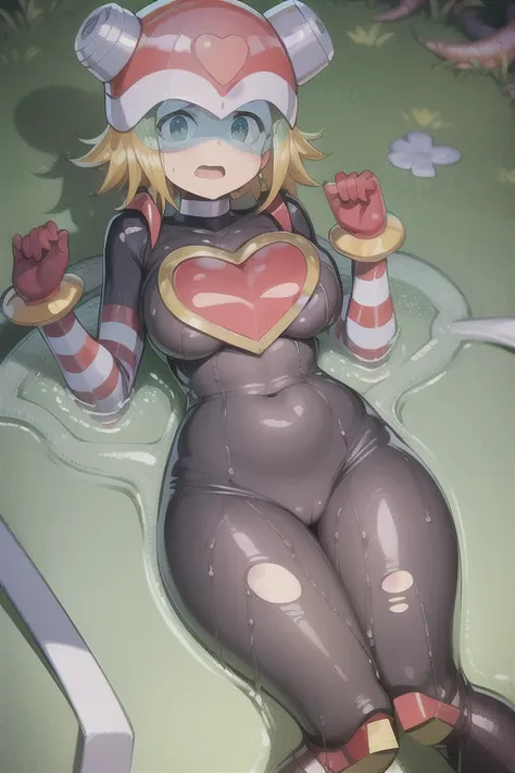 harpnote_megamansf, 1girl, blonde hair, short hair, bodysuit, heart, (helmet), green eyes, looking at viewer, crying, high quality, sad, masterpiece, torn clothes, bodysuit, breasts, large hips, concerned, tears, boobs out, thicc, torn clothes, slime all o...