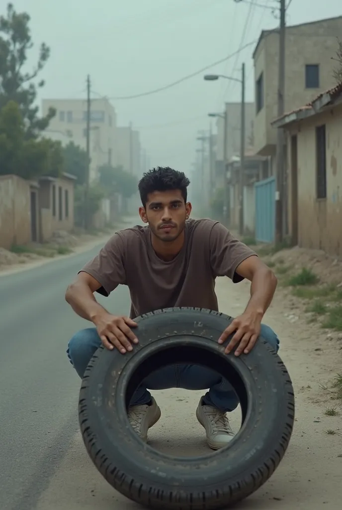 A Palestinian man, Age 20 years, Brown short sleeve casual t-shirt, Blue jeans, White sports shoes, Squat pose, Pushing a used car tire, The used car tires are in a standing position, Front view, zoom camera, Background of a typical Palestinian downhill ro...