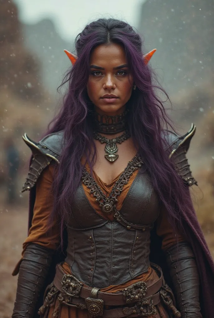 Upper body shot, North African woman, pointed elf ears, caramel skin, dark purple hair, closed mouth, ancient elven leather armor, combat pose, dynamic pose, complex fantasy character, NSFW, cinematic lighting, fantasy, magic, detailed background, on a rav...