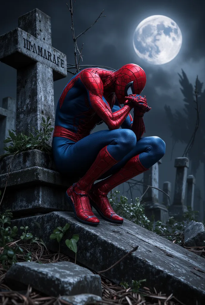 Spiderman is sitting on grave and thinking at graveyard at night 