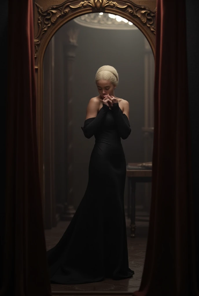 Rhaenyra Targaryen, pale blonde hair bun, black elegant italian evening dress,mirror selfie,in a changingroom of a dress shop 