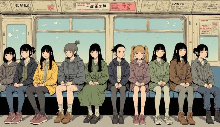 Many people sit together on a subway train, Screenprint by Yanagawa Nobusada, cg society contest winner, Underground Comics, Umetsu Kazuo Art , Japanese anime style, Japanese anime style, Shintaro Kago, Japanese Illustrations , Green clothes, 90s japan, Ja...